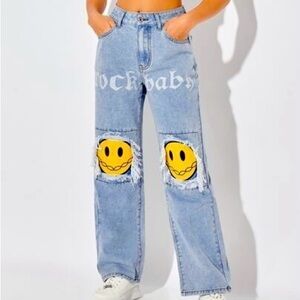Letter & Cartoon Wide Leg Ripped Patch Denim Jeans